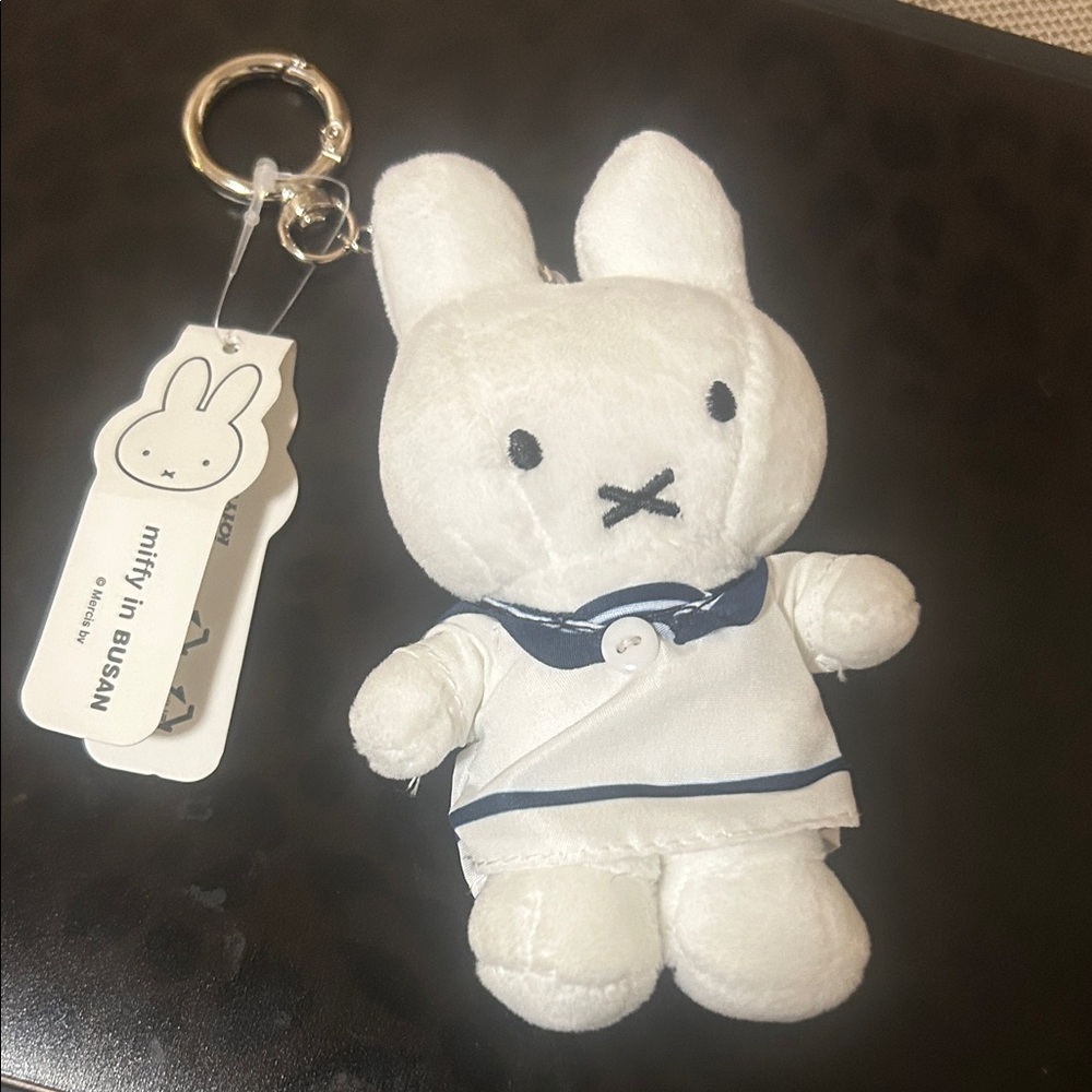 miffy White Plush Keychain with Navy Trim
